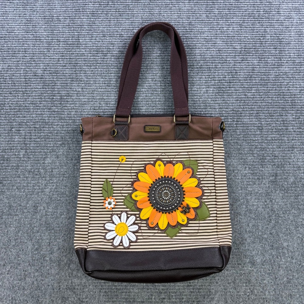 Chala Handbags Sunflower Striped Canvas Tote Bag Brown Yellow Daisy Bee